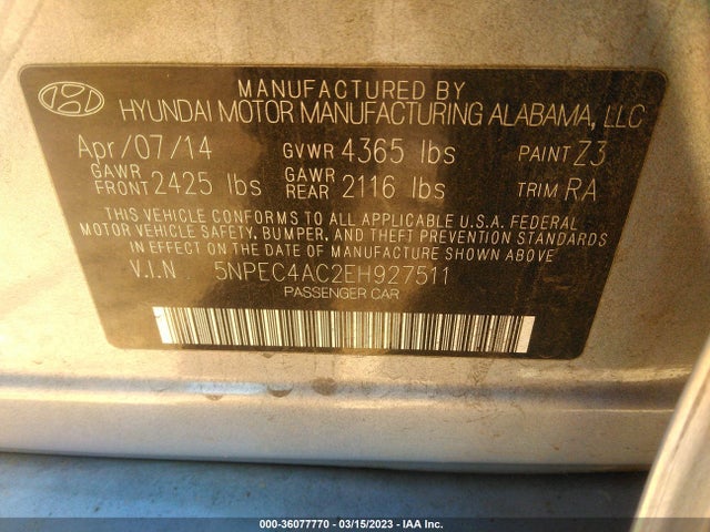 Hyundai Sonata Limited 2014 5NPEC4AC2EH927511 Image 9