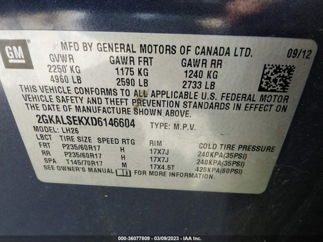 2013 GMC TERRAIN SLE VIN: 2GKALSEKXD6146604
