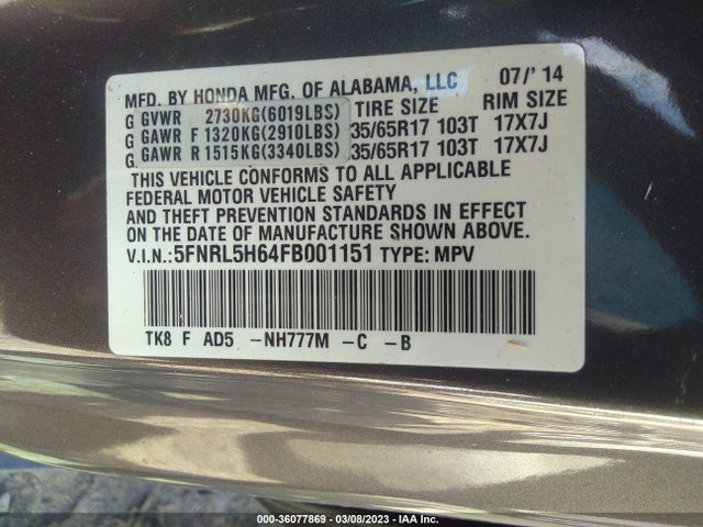 2015 HONDA ODYSSEY EX-L VIN: 5FNRL5H64FB001151