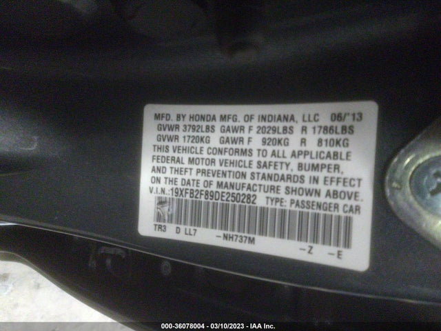 2013 HONDA CIVIC SDN EX VIN: 19XFB2F89DE250282