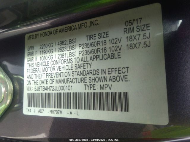 5J8TB4H72JL000101 Acura Rdx W/advance Pkg