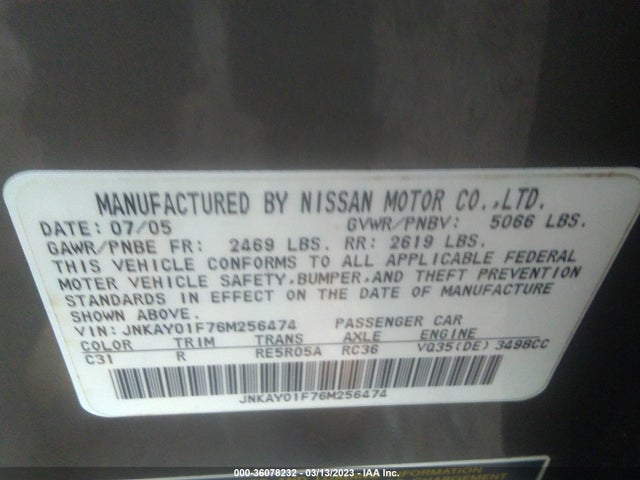 2006 INFINITI M35 VIN: JNKAY01F76M256474