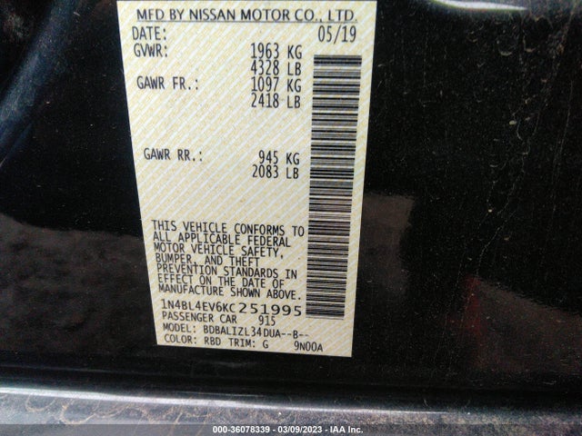 2019 NISSAN ALTIMA 2.5 SL VIN: 1N4BL4EV6KC251995