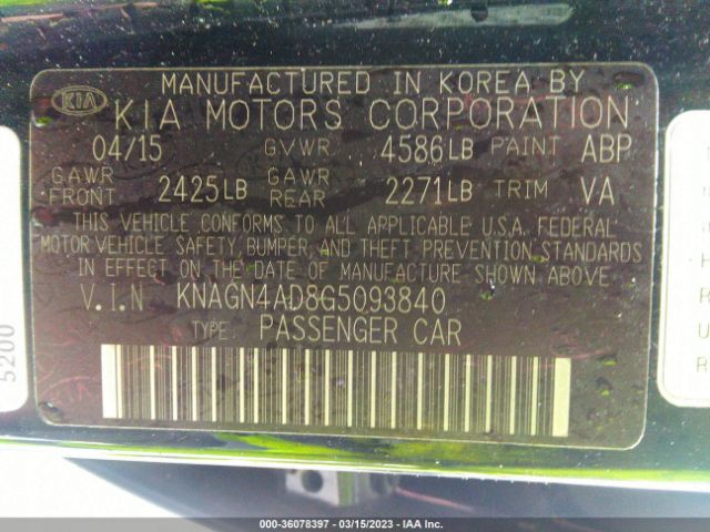 KNAGN4AD8G5093840 KIA Optima Hybrid Ex
