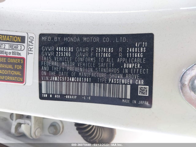 2021 Honda Clarity, VIN: JHMZC5F34MC001961