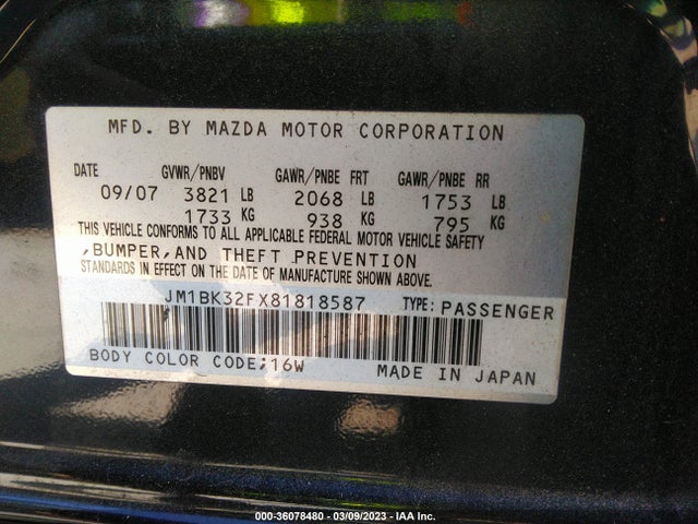 2008 MAZDA MAZDA3 I TOURING *LTD AVAIL VIN: JM1BK32FX81818587