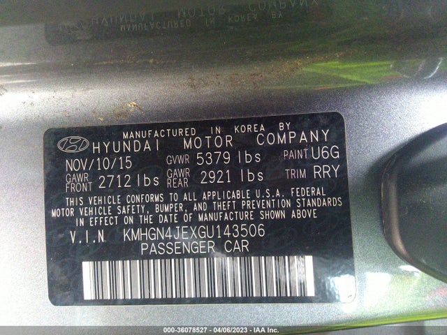 2016 HYUNDAI GENESIS 3.8L VIN: KMHGN4JEXGU143506
