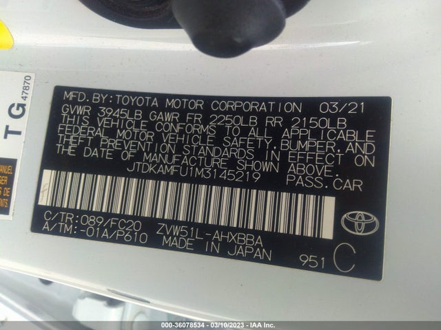 2021 Toyota Prius, VIN: JTDKAMFU1M3145219