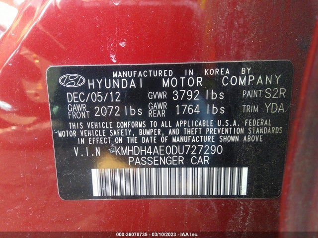 2013 HYUNDAI ELANTRA GLS PZEV VIN: KMHDH4AE0DU727290
