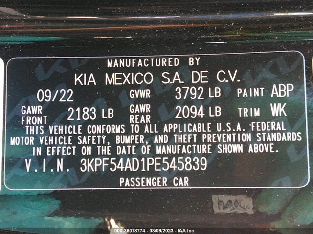 2023 KIA FORTE GT LINE VIN: 3KPF54AD1PE545839