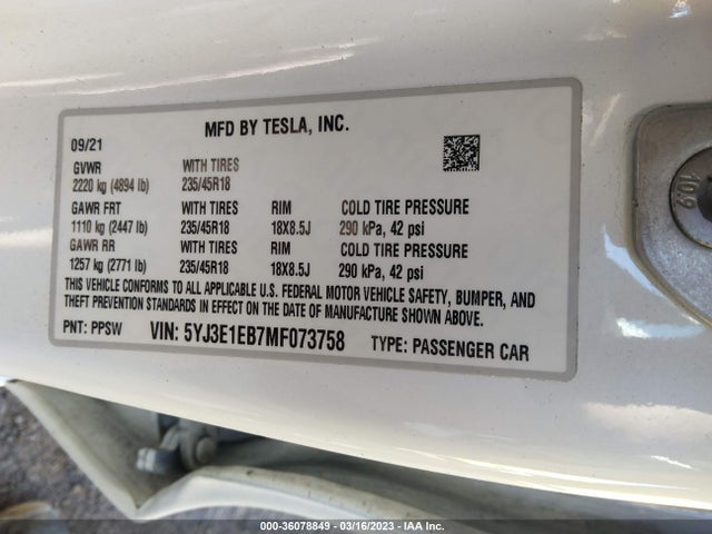 Tesla Model 3 Long Range 2021 5YJ3E1EB7MF073758 Image 11