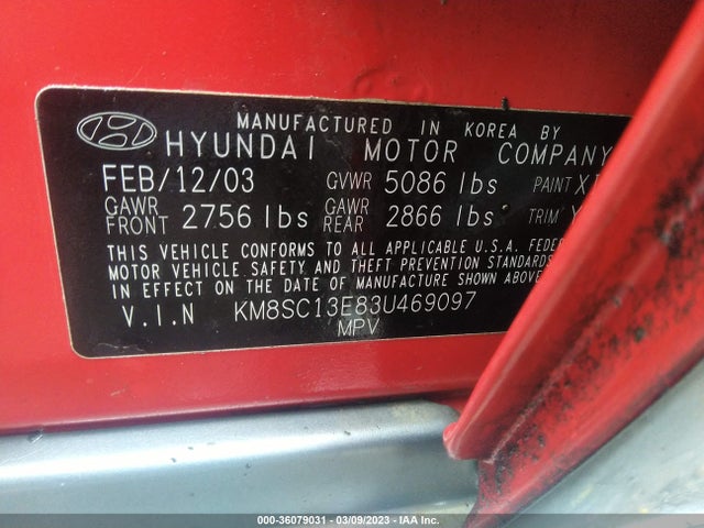 2003 HYUNDAI SANTA FE GLS/LX VIN: KM8SC13E83U469097