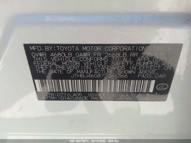 2007 LEXUS ES 350 VIN: JTHBJ46G872046366