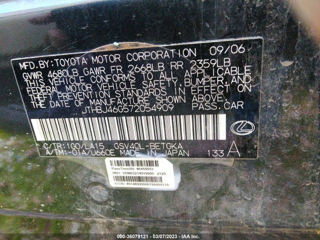 Lexus ES 350 2007 JTHBJ46G572054909 Image 10