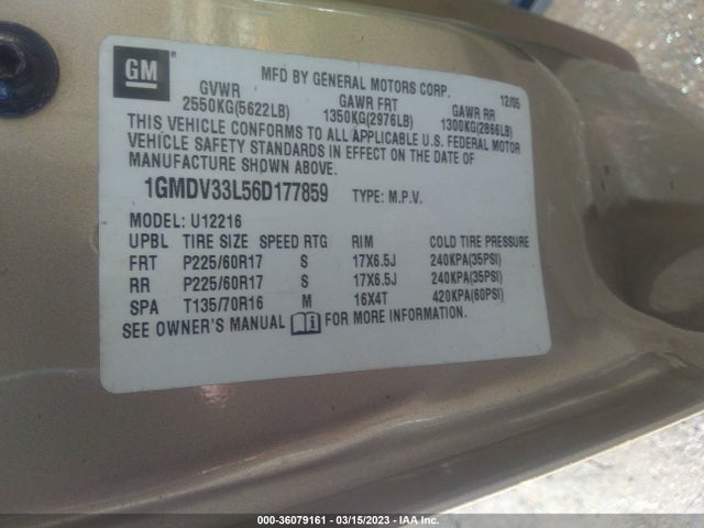 2006 PONTIAC MONTANA SV6 VIN: 1GMDV33L56D177859