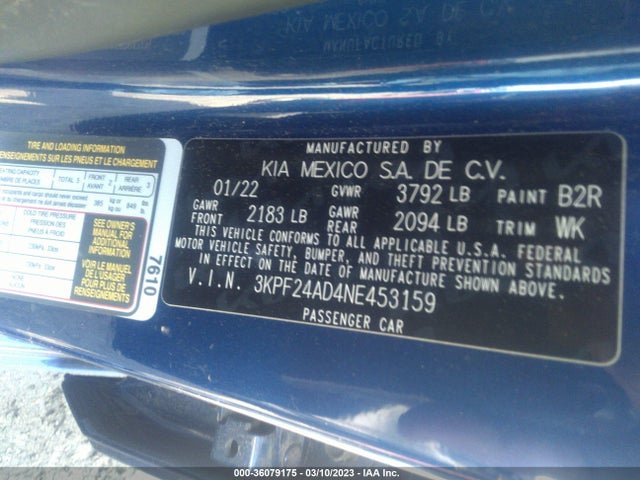 2022 KIA FORTE LXS VIN: 3KPF24AD4NE453159