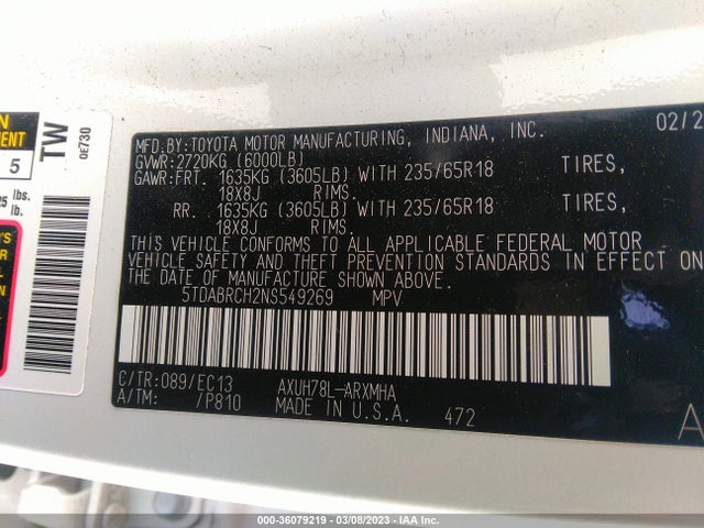 2022 Toyota Highlander, VIN: 5TDABRCH2NS549269