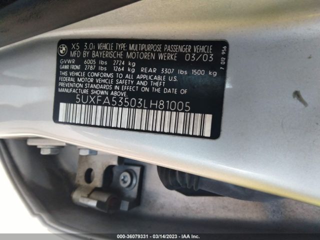 5UXFA53503LH81005 BMW X5 3.0I
