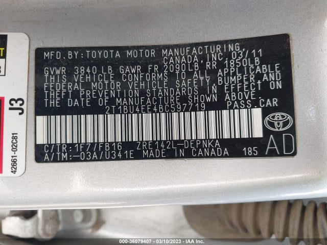2011 TOYOTA COROLLA L/LE/S VIN: 2T1BU4EE4BC597719
