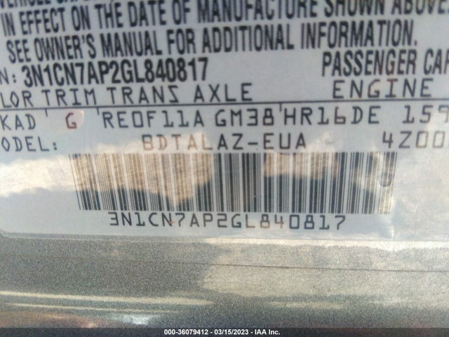 Aukcja sprzedaży 2016 Nissan Versa 1.6 S+, vin: 3N1CN7AP2GL840817, numer aukcji: 36079412
