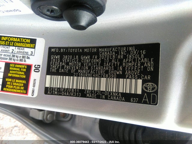 2017 TOYOTA COROLLA L/LE/XLE/SE VIN: 2T1BURHE4HC768390