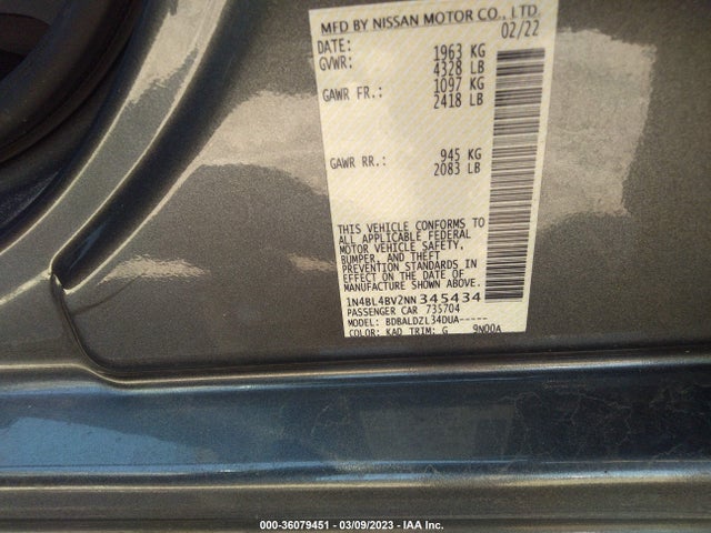 2022 NISSAN ALTIMA 2.5 S VIN: 1N4BL4BV2NN345434