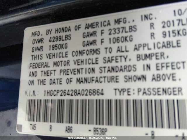 2008 HONDA ACCORD SDN LX-P VIN: 1HGCP26428A026864