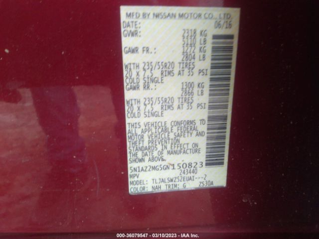 5N1AZ2MG5GN150823 Nissan Murano Platinum