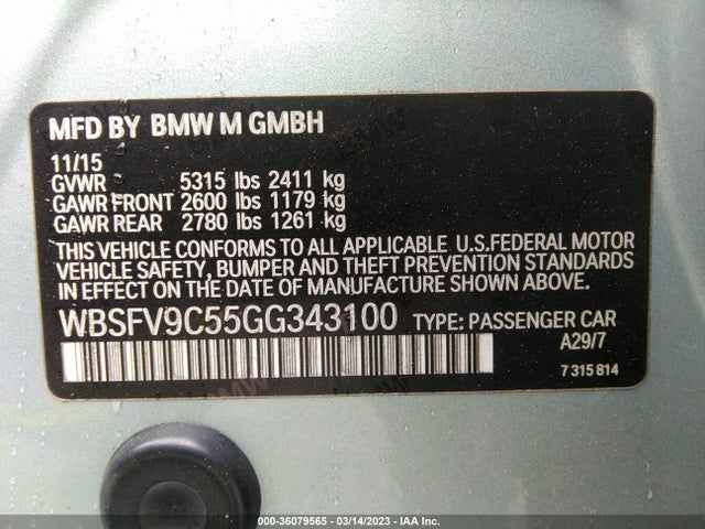 2016 BMW M5, VIN: WBSFV9C55GG343100