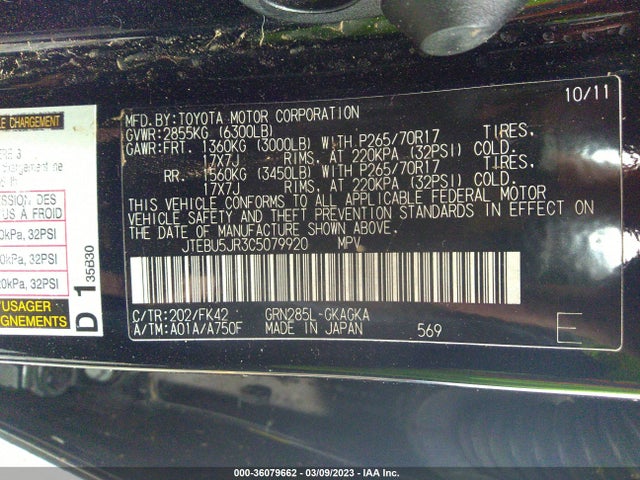 2012 TOYOTA 4RUNNER SR5/TRAIL/LIMITED VIN: JTEBU5JR3C5079920