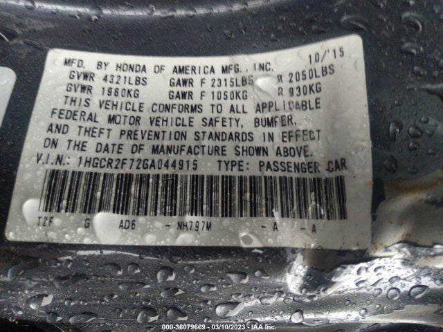 Honda ACCORD EX 2016 1HGCR2F72GA044915 Image 9