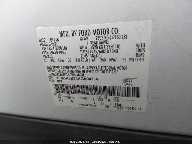 Ford Explorer Base 2017 1FM5K8B84HGA94254 Image 9