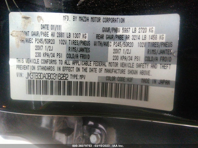 2011 MAZDA CX-9 GRAND TOURING VIN: JM3TB3DA0B0316262