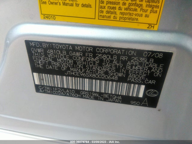 Lexus GS 350 2008 JTHCE96SX80020648 Image 10