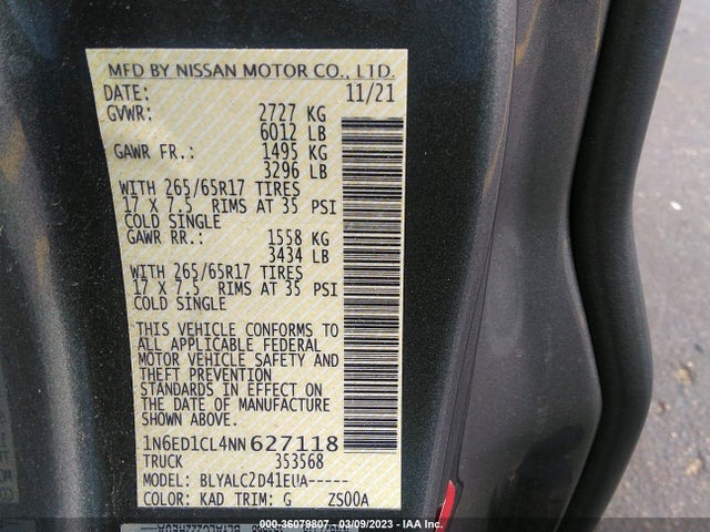 2022 Nissan Frontier, VIN: 1N6ED1CL4NN627118