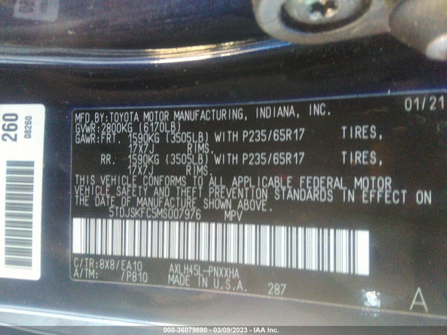 Toyota SIENNA XLE 2021 5TDJSKFC5MS007976 Image 9