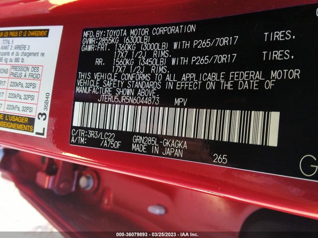 2022 TOYOTA 4RUNNER TRD OFF ROAD PREMIUM VIN: JTERU5JR5N6044873