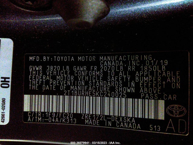 Toyota Corolla L/le/se/xle/xse 2019 2T1BURHE5KC240025 Image 11