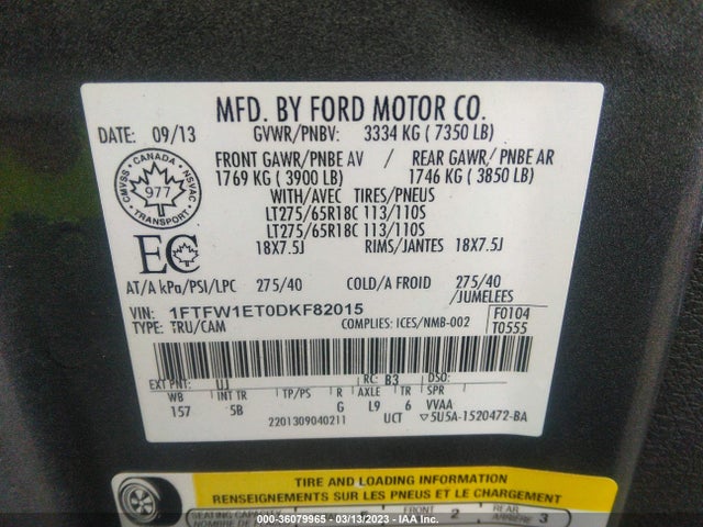 2013 FORD F-150 XL/XLT/FX4/LARIAT VIN: 1FTFW1ET0DKF82015