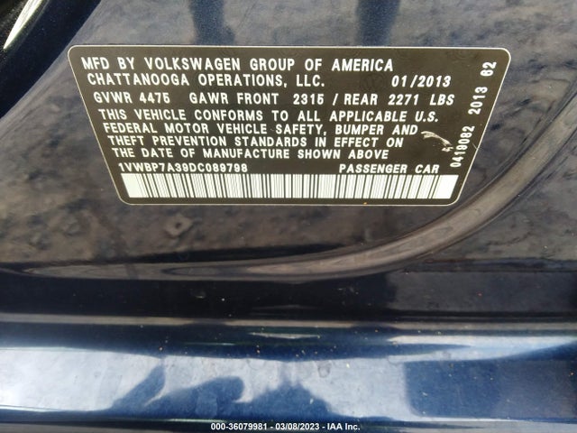 Volkswagen PASSAT SE 2013 1VWBP7A39DC089798 Image 10