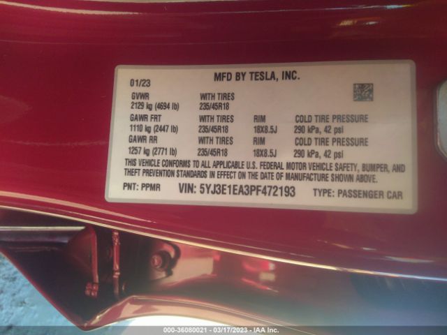 5YJ3E1EA3PF472193 Tesla MODEL 3