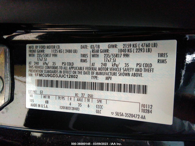 Ford ESCAPE SE 2018 1FMCU9GD3JUC12802 Image 10