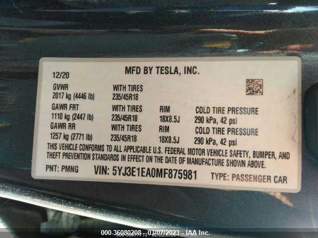 Tesla Model 3 Standard Range Plus 2021 5YJ3E1EA0MF875981 Image 9
