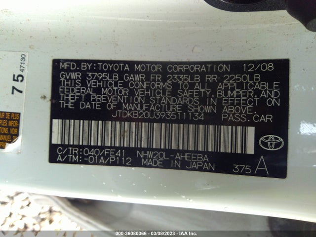 2009 TOYOTA PRIUS VIN: JTDKB20U393511134