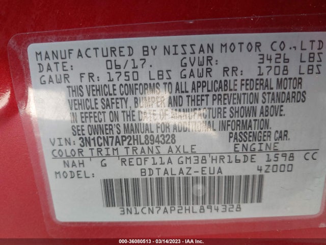 2017 Nissan Versa, VIN: 3N1CN7AP2HL894328