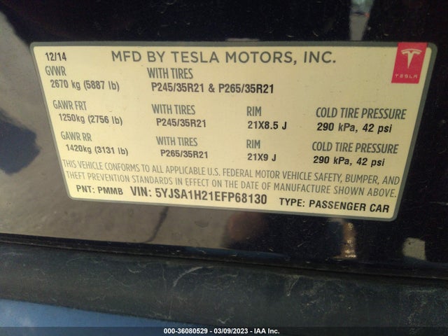 Tesla Model S P85d 2014 5YJSA1H21EFP68130 Image 9