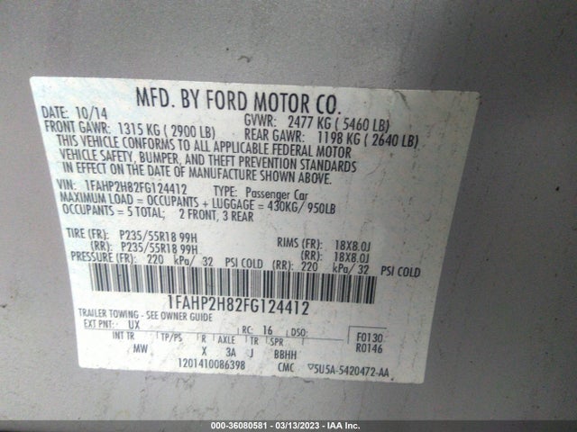 2015 Ford Taurus, VIN: 1FAHP2H82FG124412