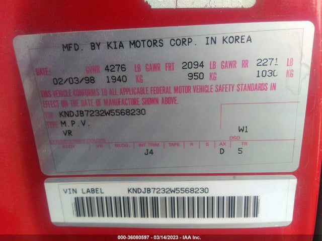 1998 KIA SPORTAGE VIN: KNDJB7232W5568230