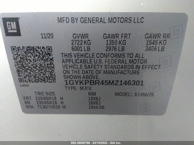 1GYKPBR45MZ146301 Cadillac Xt6 Luxury