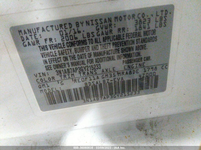 2016 NISSAN SENTRA SR/SL/S/SV/FE+ S VIN: 3N1AB7AP3GY215233